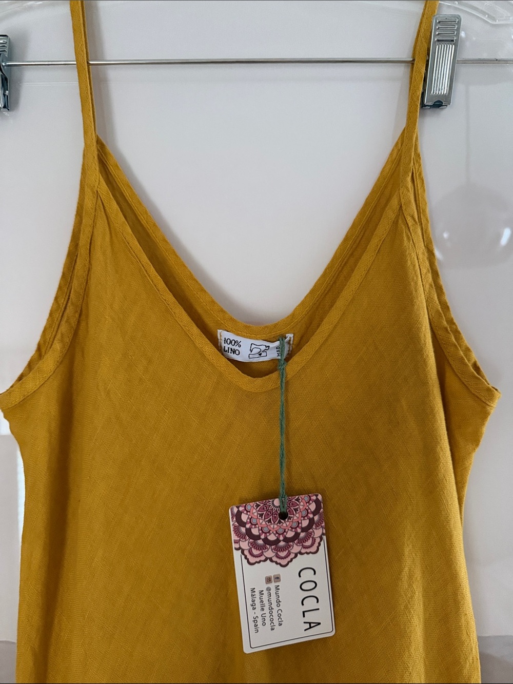 COCLA Italian Linen Mustard Slip Maxi Dress with V-Neck
